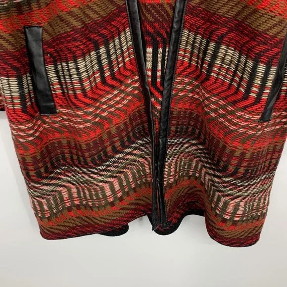 Rafaella Cardigan Red Black Faux Leather Trim Open Front - Picture 6 of 10